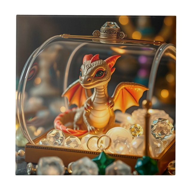 Cute Dragon in a Jewellery Box Ceramic Tile (Front)