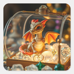 Cute Dragon in a Jewellery Box Square Sticker