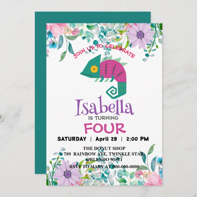 Cute dragon jungle Animals Birthday Flower kids Invitation (Front/Back)