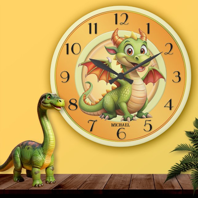 Cute Dragon Magical Fantasy Kids Round Clock (Wall clock featuring a cute magical fantasy dragon in warm pastel colors - gift for a child)