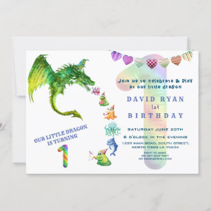 Cute Dragon Monsters Baby Photo 1st Birthday Invitation