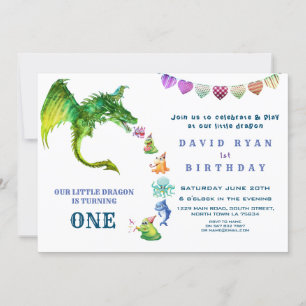 Cute Dragon Monsters Photo 1st Birthday Invitation