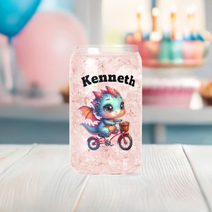 Cute dragon on a bike with a bright basket can glass