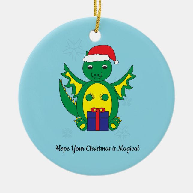 Cute Dragon Santa Snowflake Christmas Personalise Ceramic Ornament (Front)