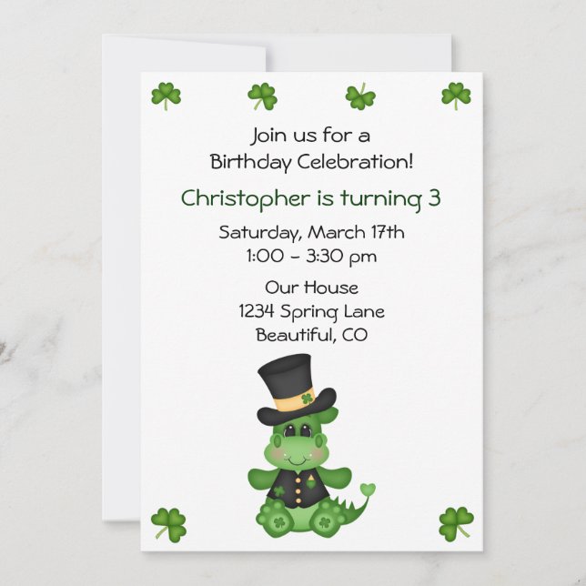 Cute Dragon St Patrick's Day Birthday Invite Boys (Front)