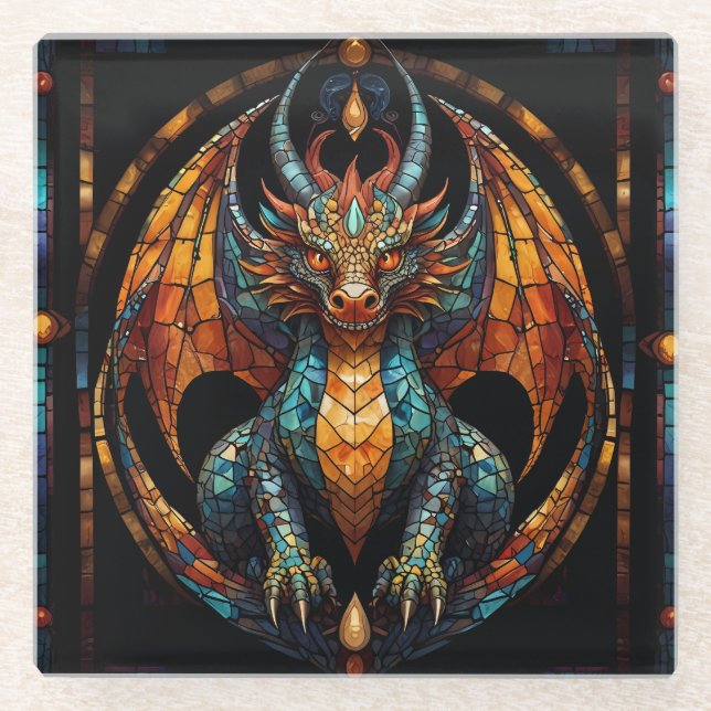 Cute Dragon Stained Glass Mosaic Design Coaster (Front)