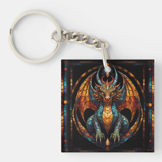 Cute Dragon Stained Glass Mosaic Design Key Ring (Front)