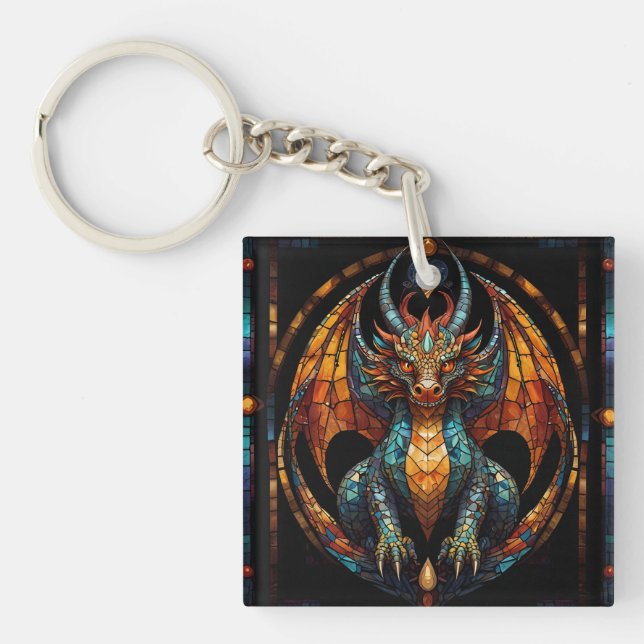 Cute Dragon Stained Glass Mosaic Design Key Ring (Front)