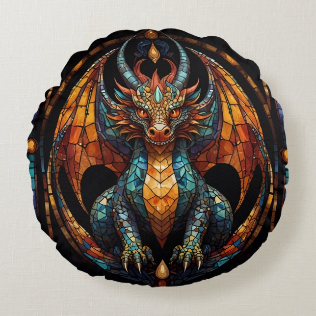 Cute Dragon Stained Glass Mosaic Design Round Cushion (Front)