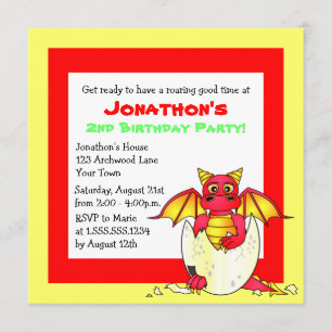 Cute Dragon Themed Child Birthday - Red and Yellow Invitation