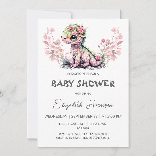 Cute Dragon Watercolor Girl Baby Shower Invitation (Front)