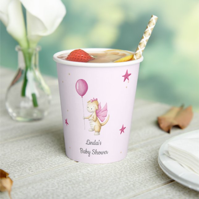Cute Dragon with Balloon Girl Pink Baby Shower Paper Cups (Insitu)