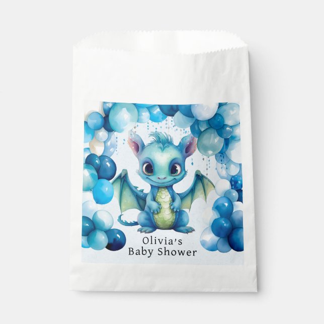 Cute Dragon with Blue Balloons Boy Baby Shower Favour Bag (Front)
