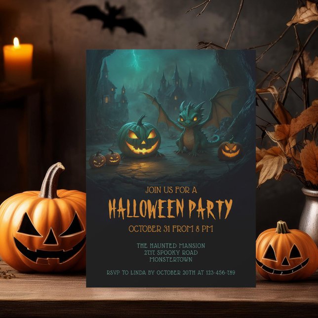 Cute Dragon with Scary Pumpkins Halloween Party Invitation (Creator Uploaded)