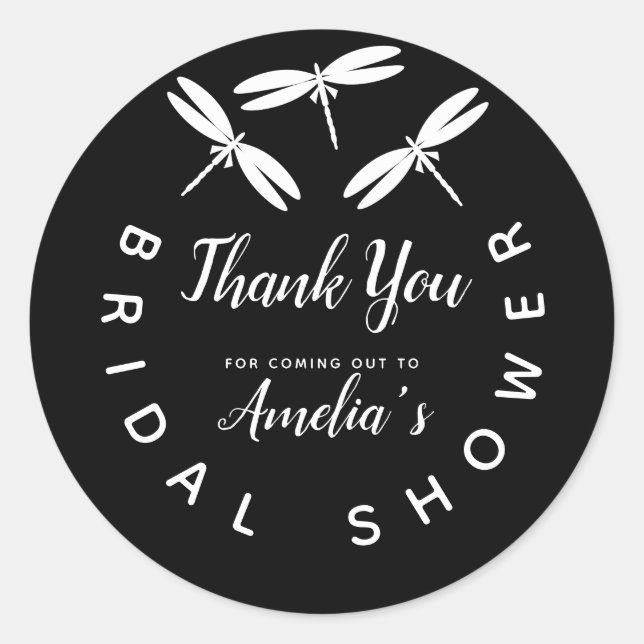 Cute Dragonflies  Black  Bridal Shower Thank You  Classic Round Sticker (Front)