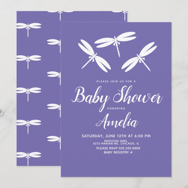 Cute Dragonflies  Purple White Baby Shower   Invitation (Front/Back)
