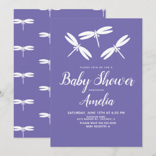 Cute Dragonflies  Purple White Baby Shower   Invitation