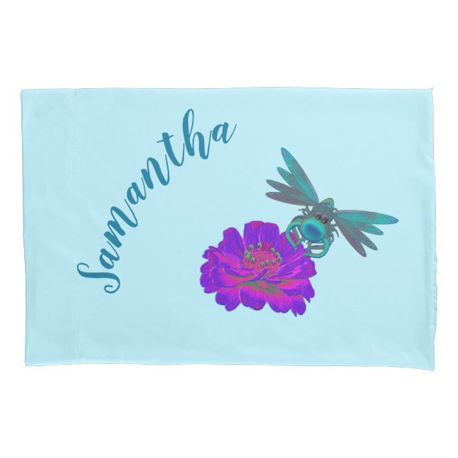 Cute Dragonfly And Bright Pink Flower Personalised Pillowcase (Front)