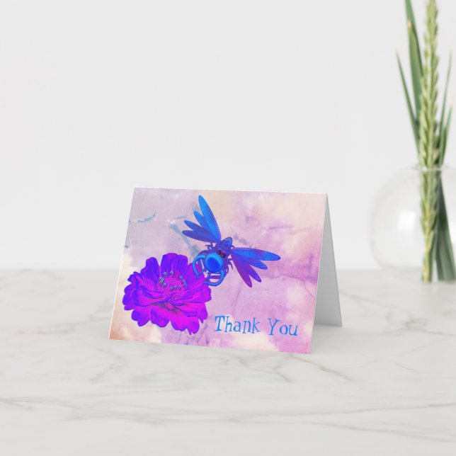 Cute Dragonfly On Flower Thank You Card (Front)