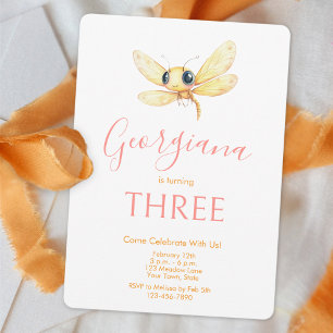 Cute Dragonfly Orange Pink Girl Birthday Invitation