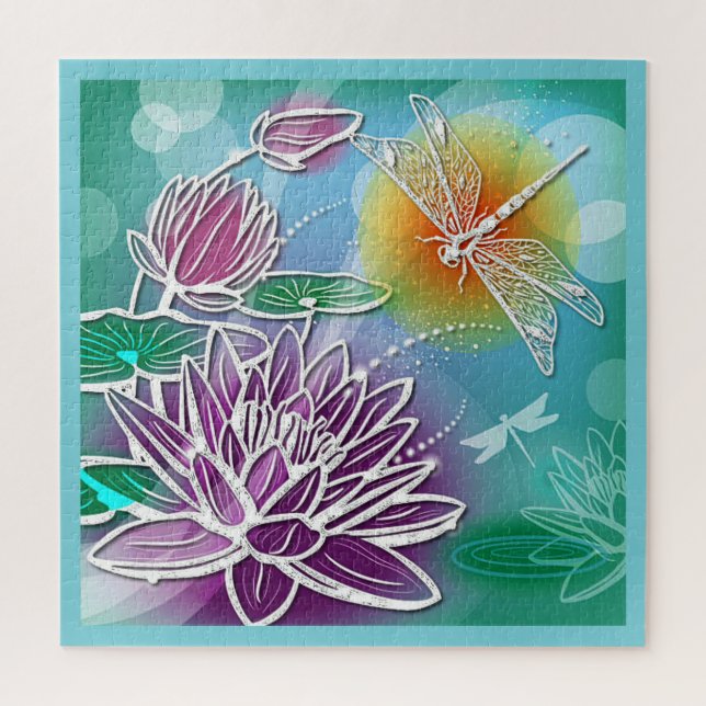 Cute Dragonfly Pretty Summer Modern Floral Art Jigsaw Puzzle (Vertical)