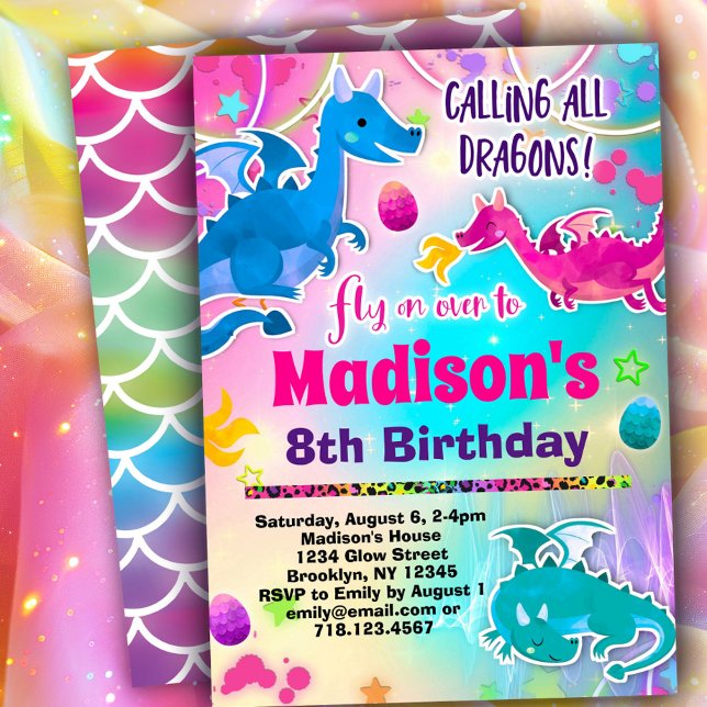 Cute Dragons Birthday Party Invitation for Girls (Creator Uploaded)