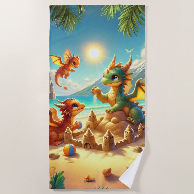 Cute Dragons Building Sand Castles On The Beach Towel (Front)