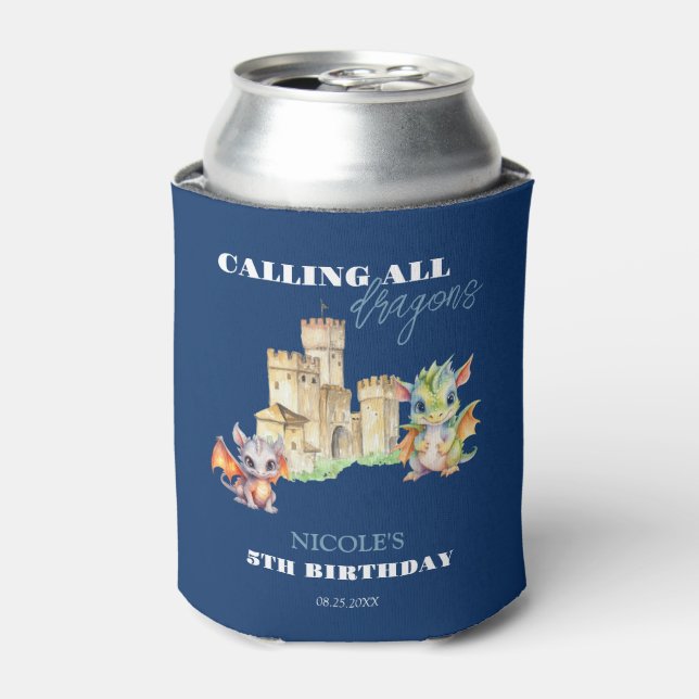 Cute Dragons Castle Fairytale Navy Kids Birthday Can Cooler (Can Front)