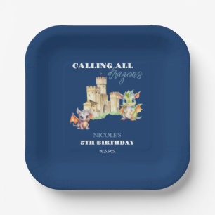 Cute Dragons Castle Fairytale Navy Kids Birthday Paper Plate