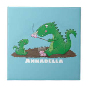 Cute dragons roasting marshmallows cartoon ceramic tile