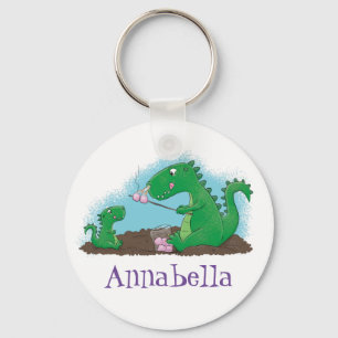 Cute dragons roasting marshmallows cartoon key ring