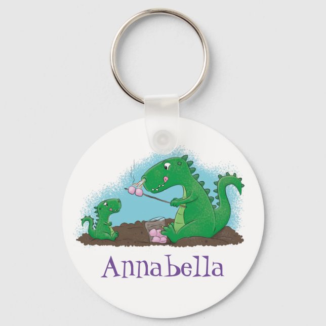 Cute dragons roasting marshmallows cartoon key ring (Front)