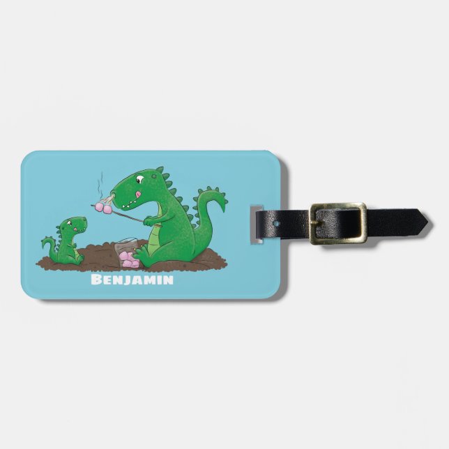 Cute dragons roasting marshmallows cartoon luggage tag (Front Horizontal)