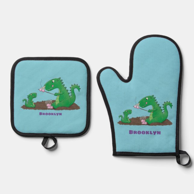 Cute dragons roasting marshmallows cartoon oven mitt & pot holder set (Front)