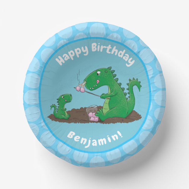 Cute dragons roasting marshmallows cartoon paper plate (Front)