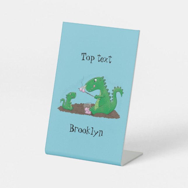 Cute dragons roasting marshmallows cartoon pedestal sign (Front)
