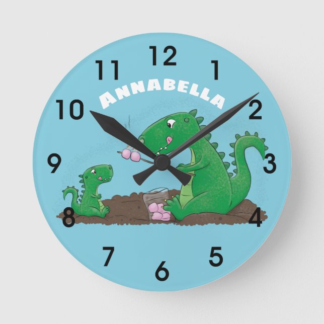 Cute dragons roasting marshmallows cartoon round clock (Front)