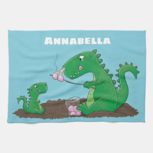 Cute dragons roasting marshmallows cartoon tea towel