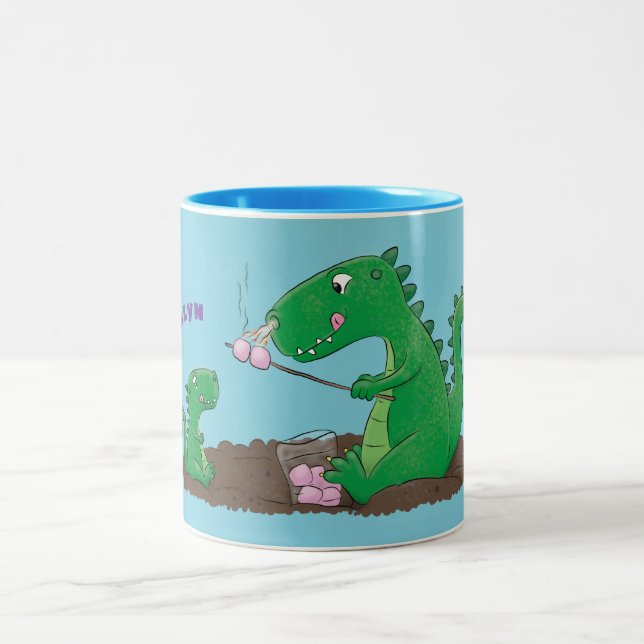 Cute dragons roasting marshmallows cartoon Two-Tone coffee mug (Center)