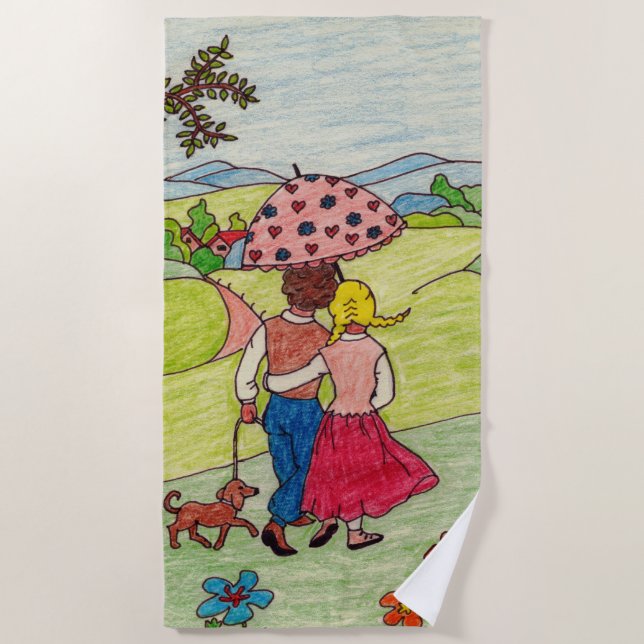 Cute drawing - lovers in spring beach towel (Front)