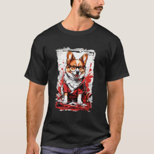 Cute Drawing Of A Corgi Puppy & Glasses In Red And T-Shirt