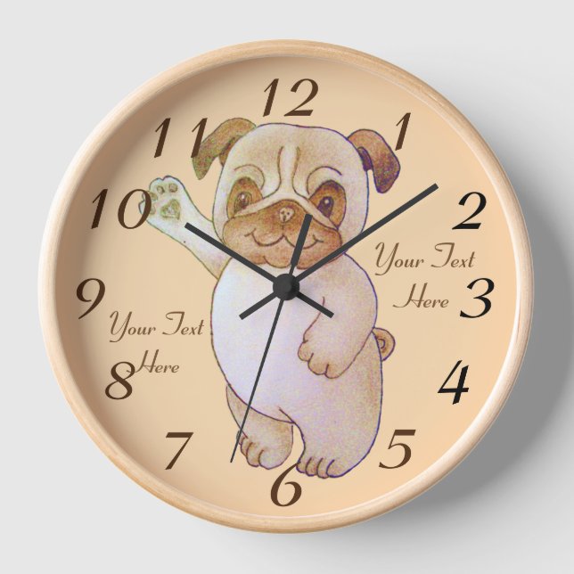 cute drawing of dog waving brown pug dog clock (Front)