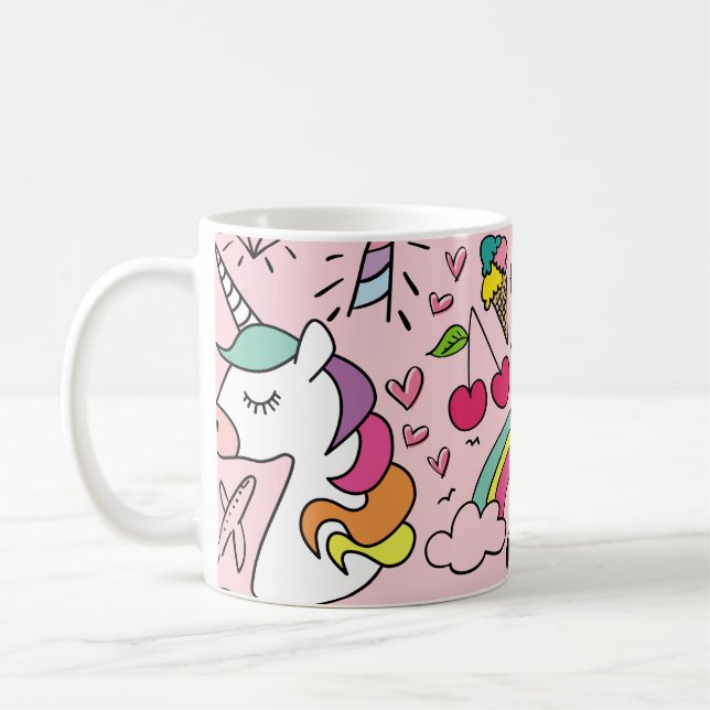 Cute drawings on pink seamless repeating pattern t coffee mug (Left)