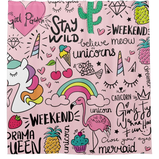 Cute drawings on pink seamless repeating pattern t shower curtain (Front)