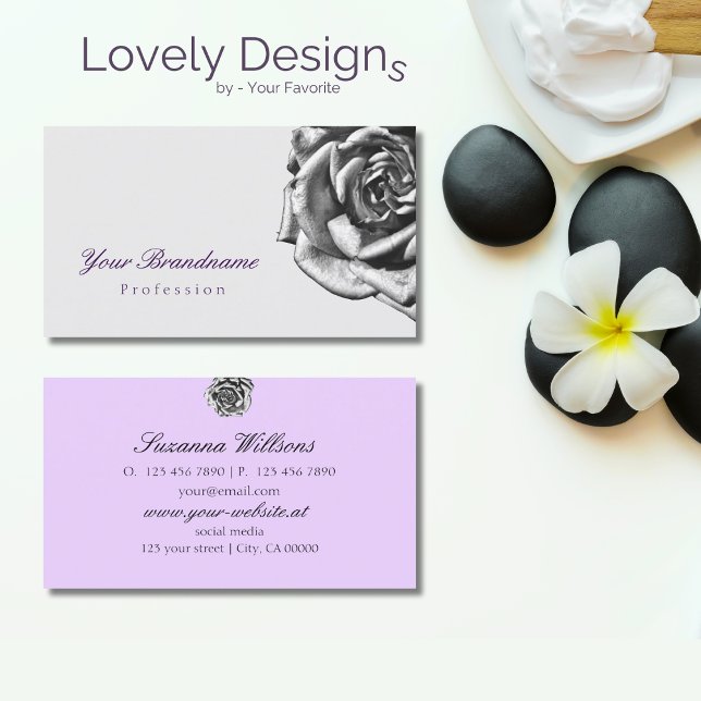 Cute Drawn Rose Plain Grey Lilac Simple Business Card (Creator Uploaded)