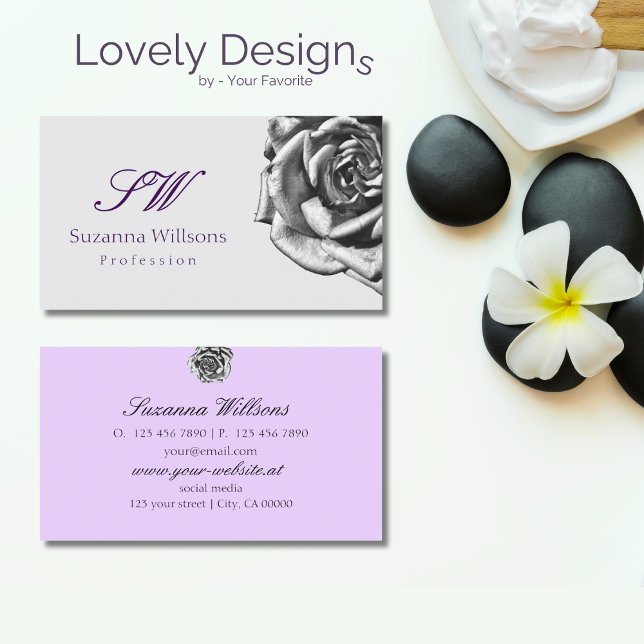 Cute Drawn Rose Plain Grey Lilac with Initials Business Card (Creator Uploaded)