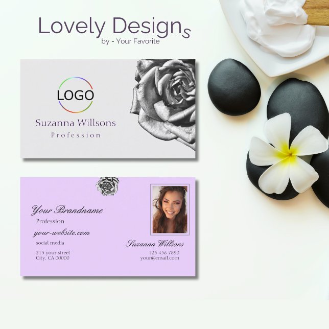Cute Drawn Rose Plain Grey Lilac with Logo Photo Business Card (Creator Uploaded)