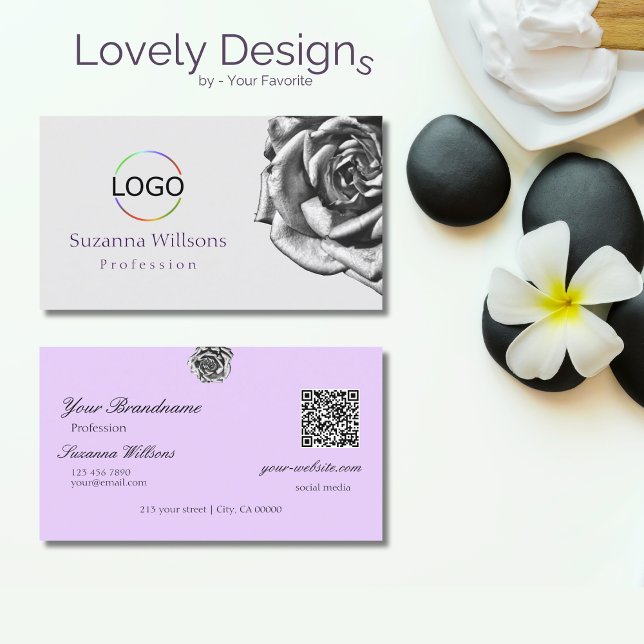 Cute Drawn Rose Plain Grey Lilac with Logo QR Code Business Card (Creator Uploaded)