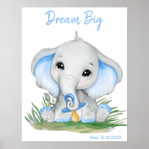 Cute Dream Big Blue Elephant Personalized Poster