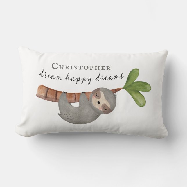 Cute Dream Happy Dreams Kids Sloth Monogram Lumbar Cushion (Front)